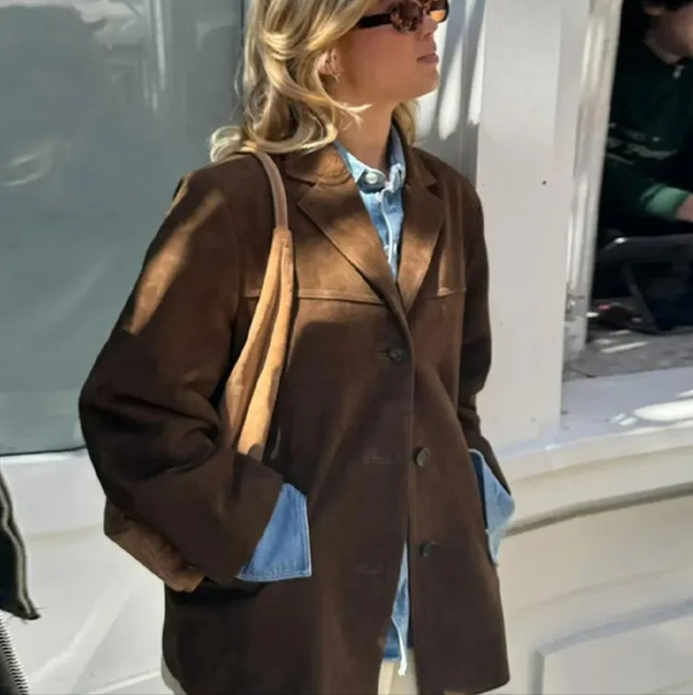 Casual Brown Lapel Pocket PU Suede Leather Jacket Fashion Woman Single Button - Picture 5 of 9
